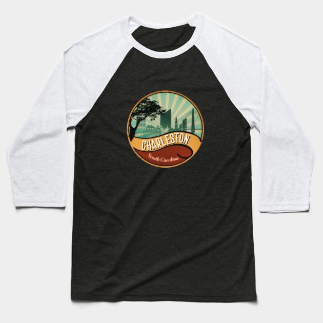 Charleston City Skyline South Carolina Retro Vintage Design 80s Baseball T-Shirt by DimDom